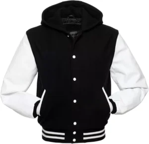Black And White Varsity Jacket With Hood Front