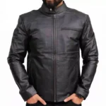 Black Leather Biker Jacket For Men Front Black Leather Biker Jacket For Men Front