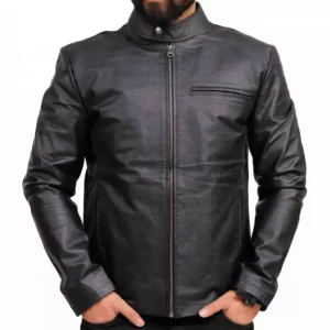 Black Leather Biker Jacket For Men Front