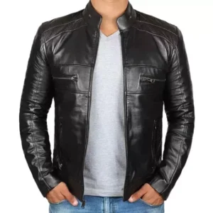 Black Leather Biker Jacket Front