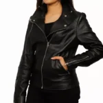 Black Leather Moto Jacket Hand in Pocket