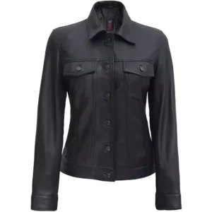 Black Leather Trucker Jacket Front