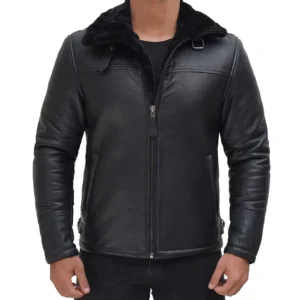 Black Mens Shearling Jacket Front