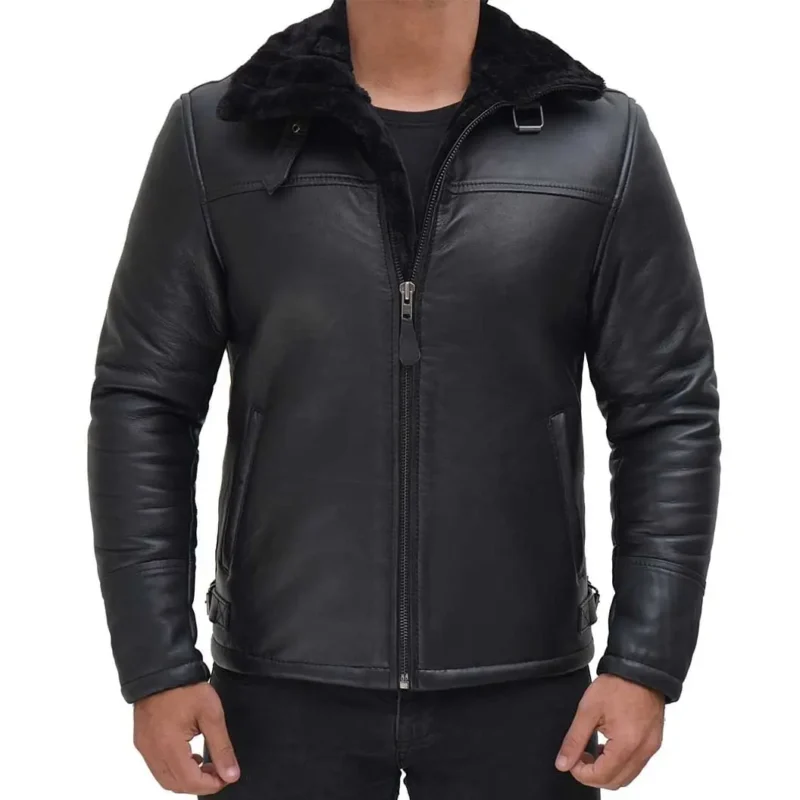 Black Mens Shearling Jacket Front