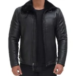 Black Mens Shearling Jacket Front Open