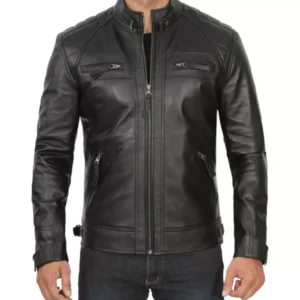 Black Quilted Leather Jacket Front