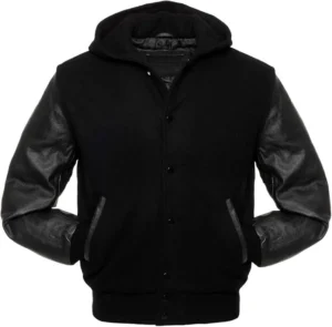 Black Varsity Jacket With Hood Front