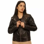 Brown Biker Jacket Womens Front