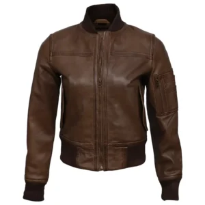 Brown Bomber Jacket Womens Front