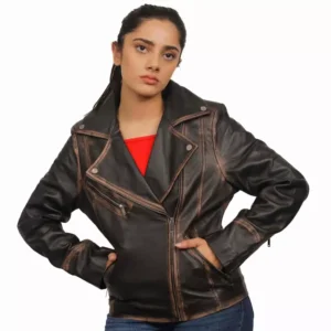 Brown Distressed Leather Jacket Front