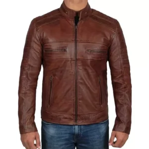 Brown Leather Biker Jacket Front