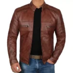 Brown-Leather-Biker-Jacket-Hand-In-Pocket