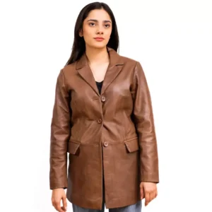 Brown Leather Coat Womens Front