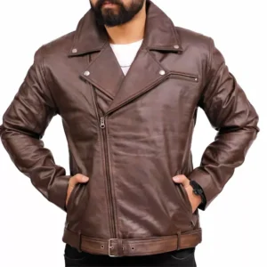 Brown Leather Moto Jacket Front