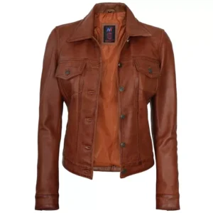 Brown Leather Trucker Jacket Front