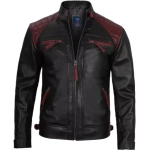 Cafe Racer Black and Maroon Leather Jacket Front