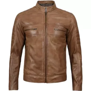 Camel Leather Biker Jacket Front