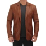 Cognac Leather Blazer Front Open