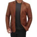 Cognac Leather Blazer Hand in Pocket