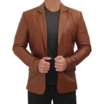 Cognac Leather Blazer Holding Jacket