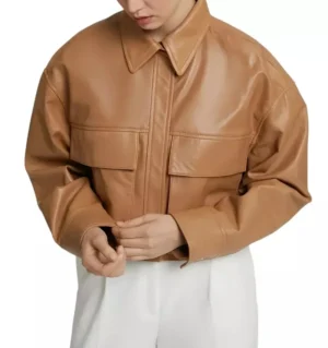 Cropped Brown Leather Jacket Front