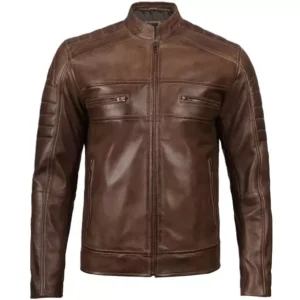 Dark Brown Leather Biker Jacket Mens Front