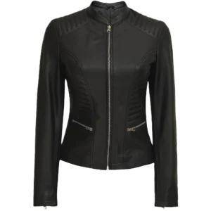 Ladies Black Leather Moto Jacket Front