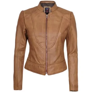 Ladies Camel Leather Jacket Front