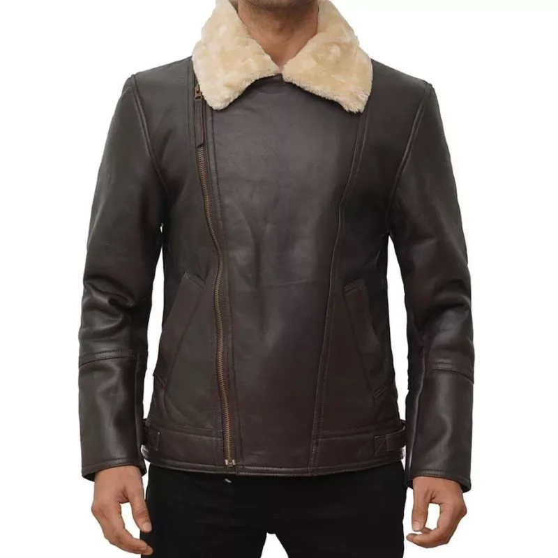 Leather Biker Jacket With Fur Collar Mens Front