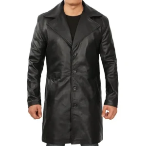 Mens 3-4 Length Black Leather Coat Front