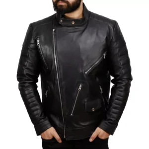 Mens Black Leather Motorcycle Jacket Front