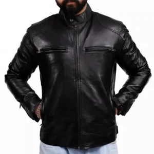Mens Black Leather Racer Jacket Front