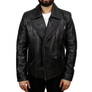 Mens Black Leather Sheepskin Jacket Front