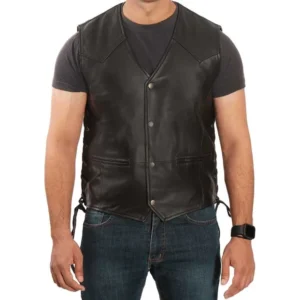 Mens Black Leather Vest Front