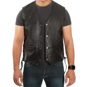 Mens Black Leather Vest Front Open