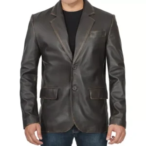 Mens Brown Leather Blazer Front
