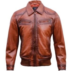 Mens Brown Leather Bomber Jacket Front