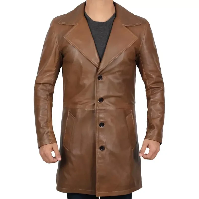 Men's Brown Leather Coat Front