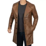 Men's Brown Leather Coat Open Front