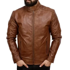 Mens Quilted Leather Motorcycle Jacket Front