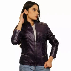 Purple Leather Biker Jacket Front