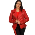 Red Leather Biker Jacket Womens Image