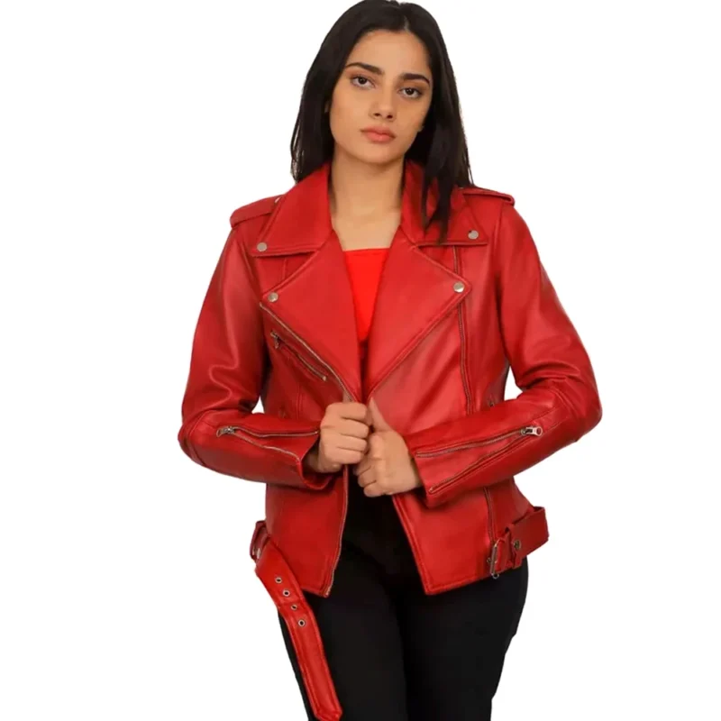 Red Leather Biker Jacket Womens