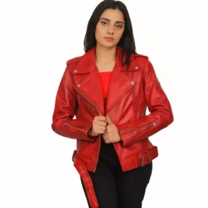 Red Leather Biker Jacket Womens Front