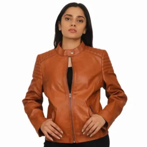 Tan Leather Jacket Women Front