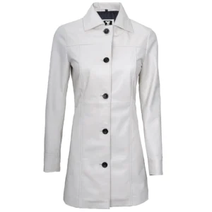 White Leather Coat Womens Front