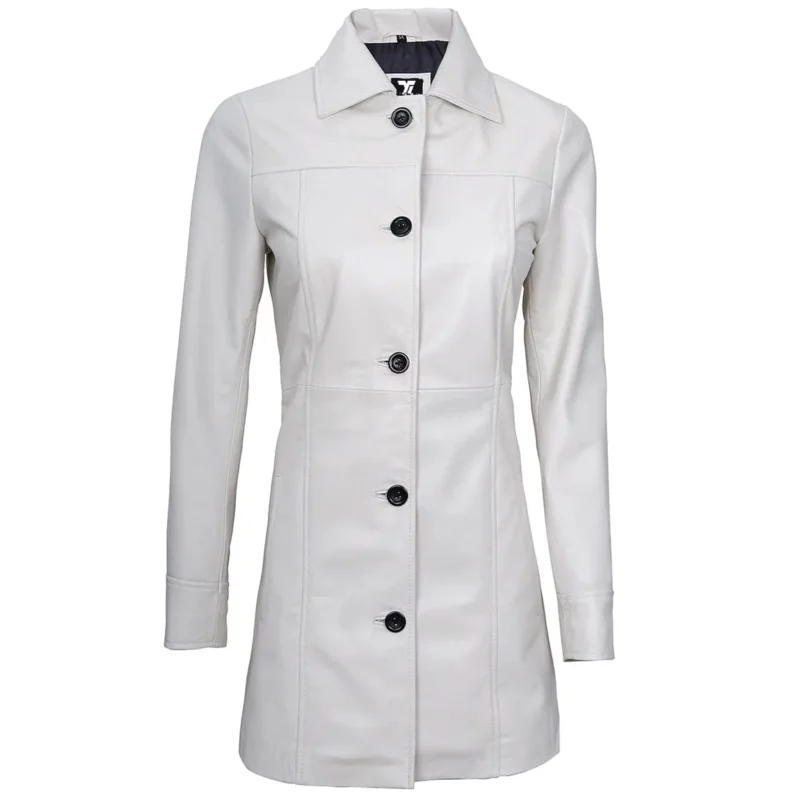 White Leather Coat Womens Front