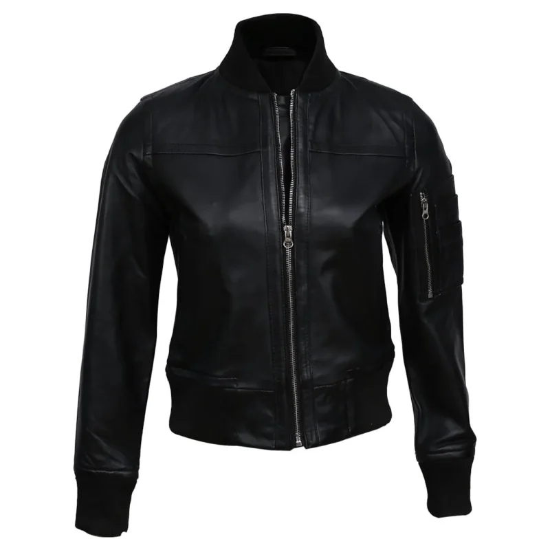 Womens Black Bomber Jacket Front