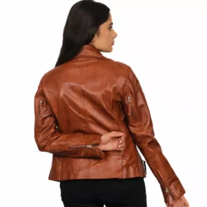 Womens Brown Biker Jacket Half Back