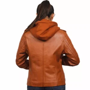 Women's Leather Jacket With Hood Back